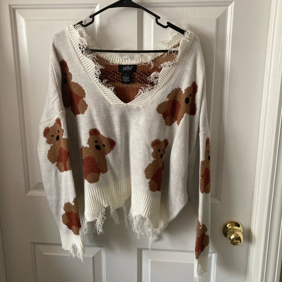 New Just Polly Frayed Teddy Bear Sweater Size Large - Picture 3 of 6